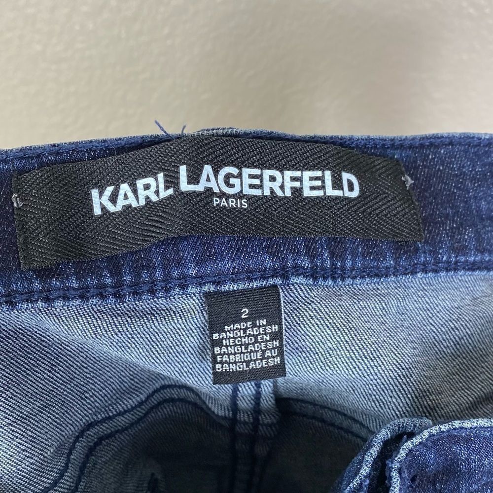 Karl Lagerfeld Dark Wash Mid Rise Raw Edge Cropped Cuffed Skinny Jeans - Picture 5 of 8